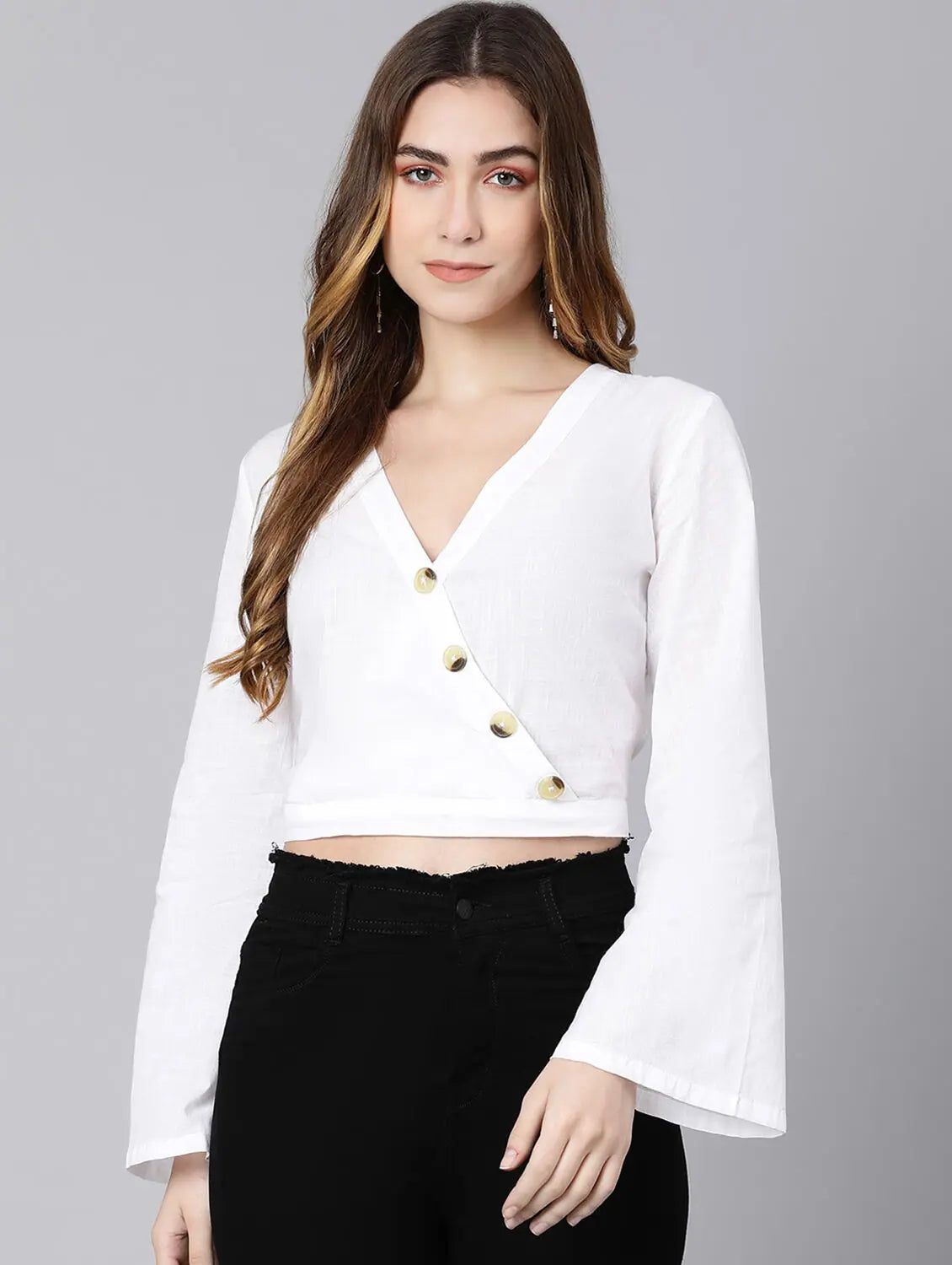 Chalk White Button Seized Women Crop Top Elasticated Padded Insulated