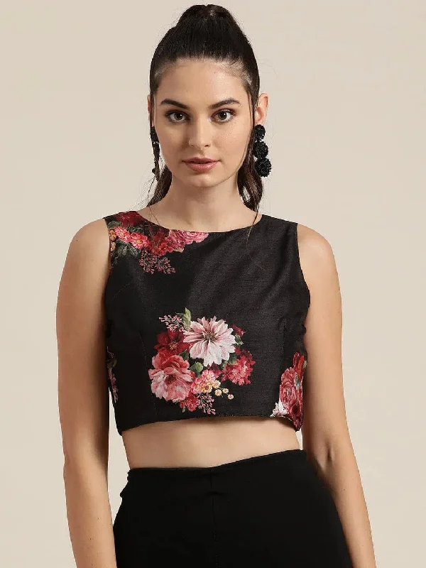 Black Floral Sleeveless Crop Top Zippered Front Buttoned Front Snap Front