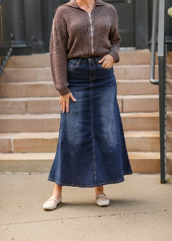 Bethany Dark Wash A-line Long Denim Skirt corduroy skirt durable