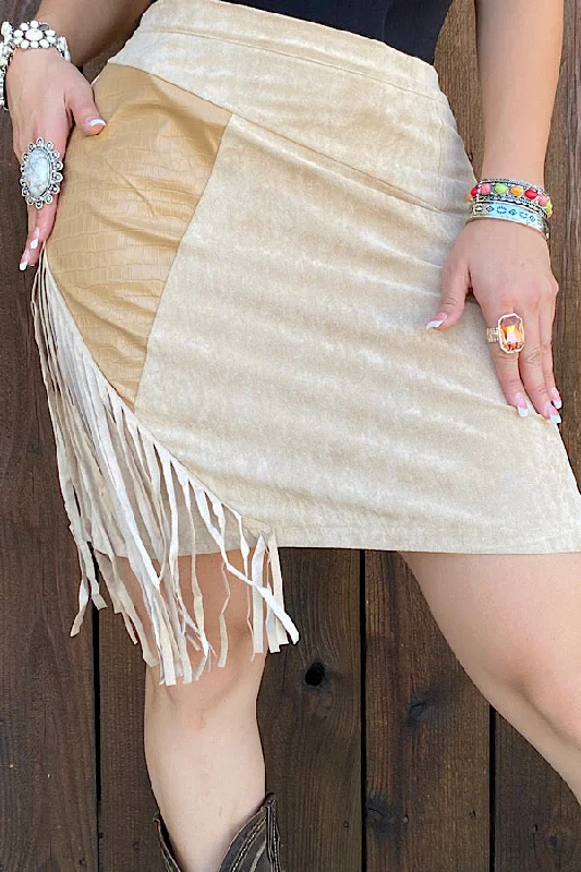 DLH13596 FRINGE TRIM ASYMETRICAL HEM FAUX SUEDE SKIRT wrap skirt elegant