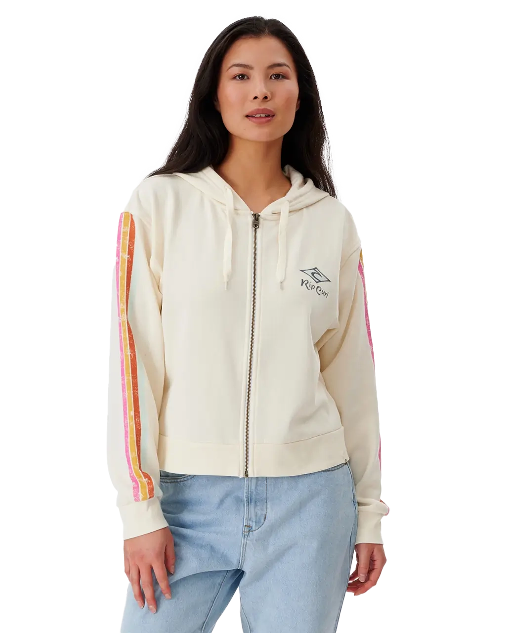 Archive Zip Through Sweatshirt in Bone Hoodie with Hem Applique Textured Unique