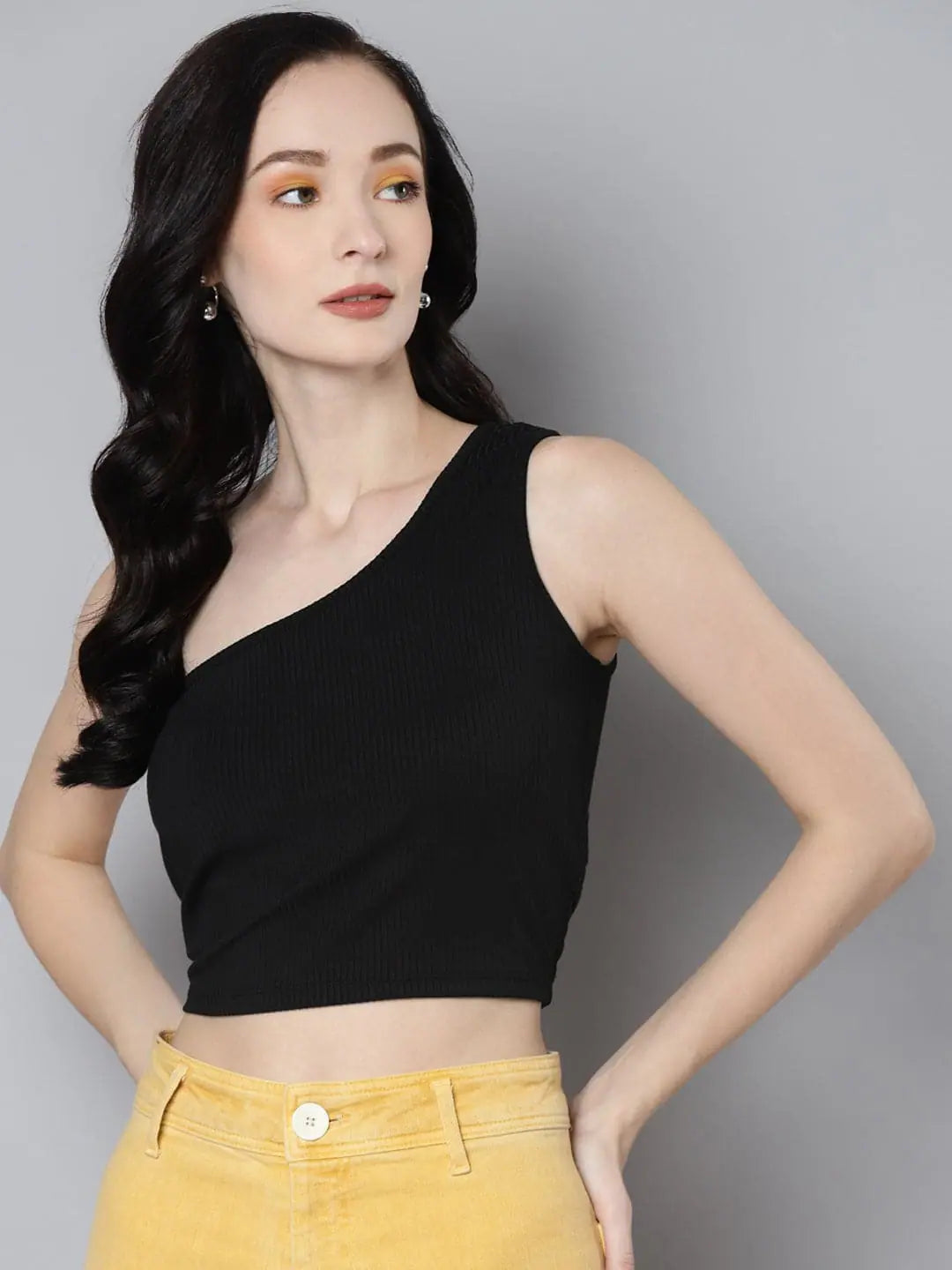 Women Charcoal Rib One Shoulder Crop Top Chenille Brocade Lace