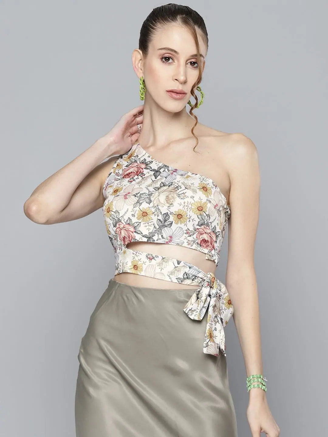 Women Off White Floral Shoulder Crop Top Terry Blend Velvet Blend Canvas Blend