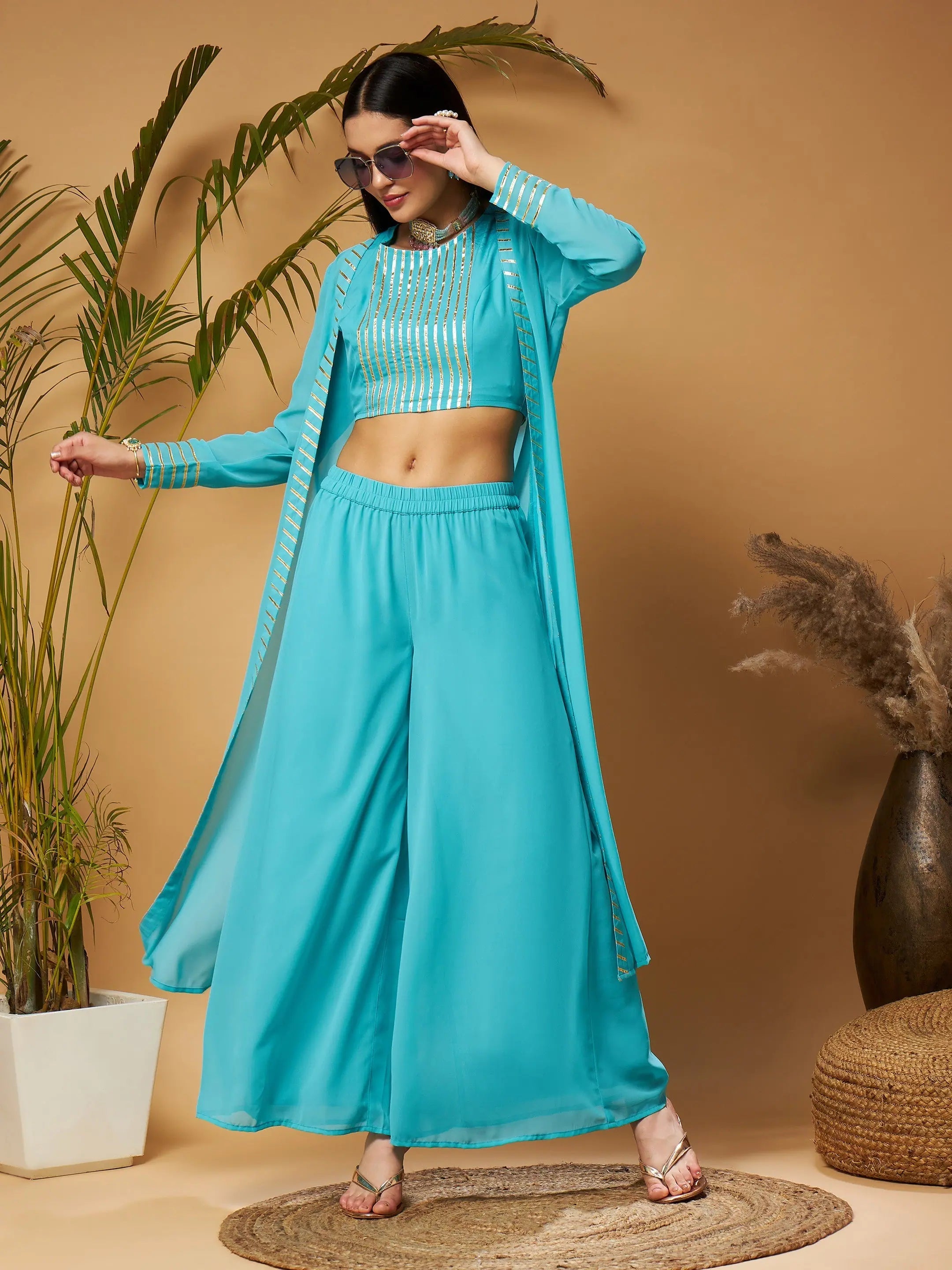 Women Blue Crop Top With A-Line Pants & Shrug Silk Blend Satin Velvet