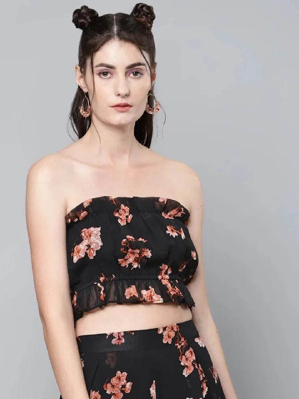 Black Floral Tube Crop Top Real Fur Shearling Chenille