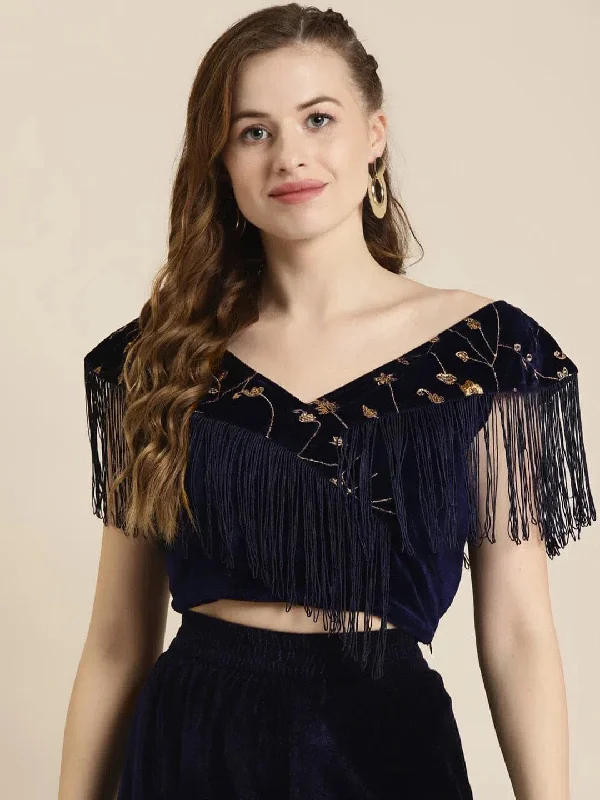 Navy Embroidered Fringe Lace Velvet Crop Top Terry Blend Velvet Blend Canvas Blend