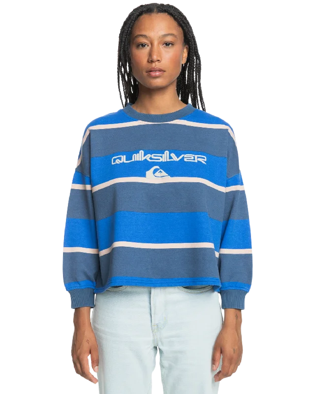 Uni Bold Stripe Crew Sweatshirt in Vintage Indigo Hoodie with Button Placket Classic Preppy