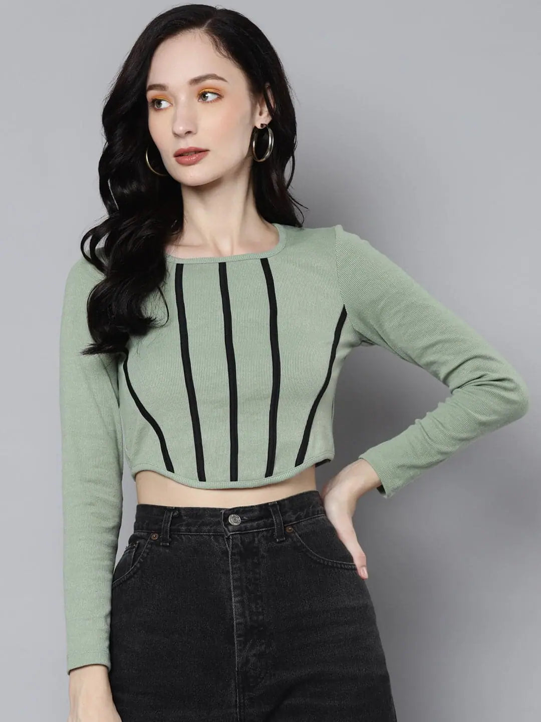 Women Olive Rib Long Sleeves Square Neck Crop Top Seamless Knitted Crochet