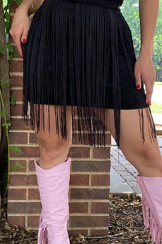 BQ13304 Black skirt w/fringe tassels high slit skirt