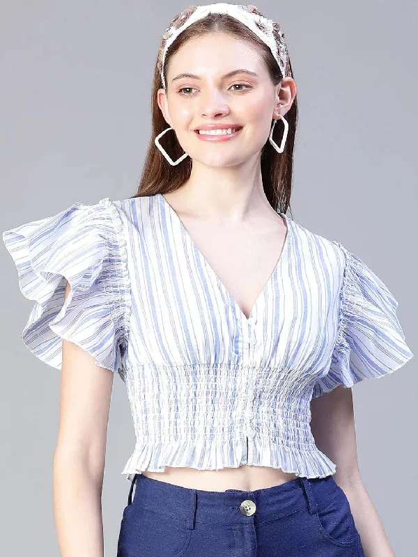 Women Blue Stripe Print Smocked V-Neck Crop Top-S23132WBL002 Mesh Blend Leather Blend Suede Blend