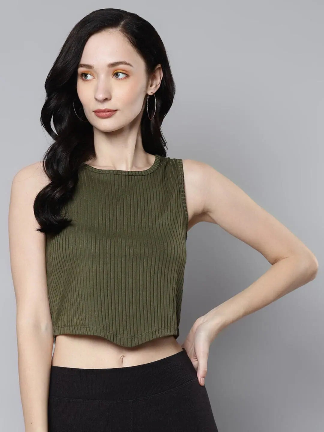 Women Olive Rib V-Hem Crop Top Graphic Embroidered Appliqued