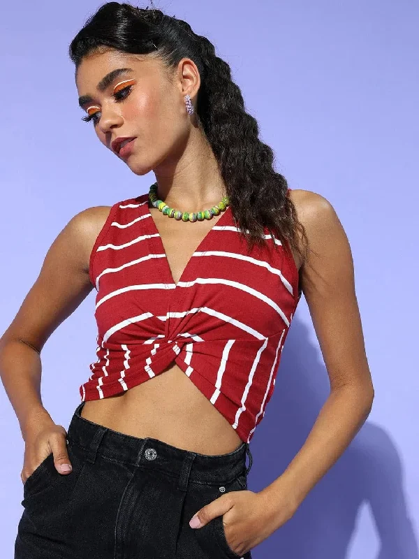 Women Maroon Stripes Twisted Crop Top Mesh Blend Leather Blend Suede Blend