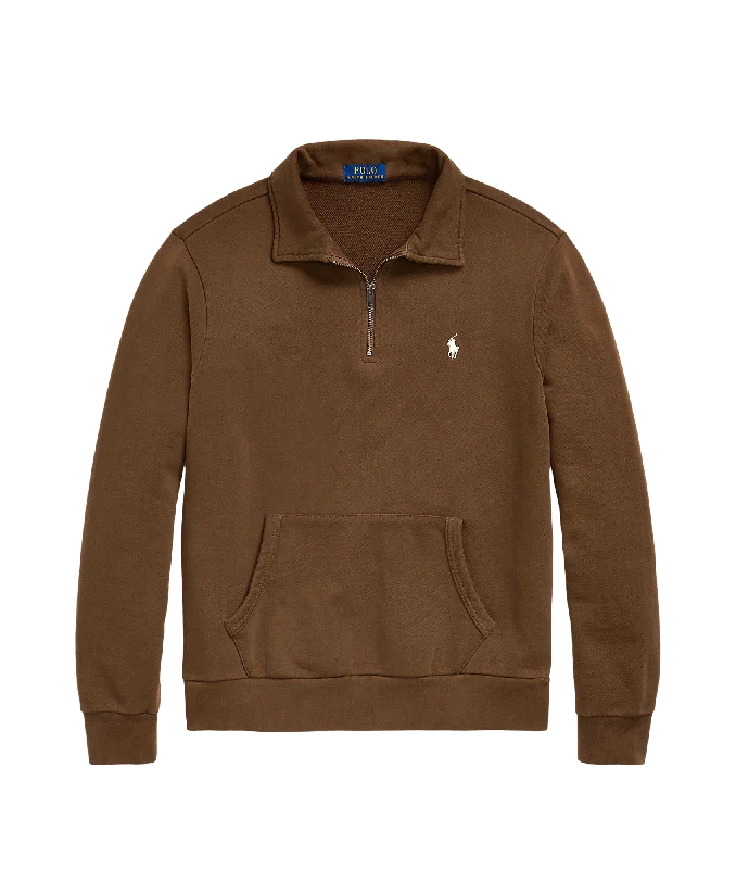 Loopback Fleece Quarter-zip Sweatshirt - Brown Hoodie with Hood Adjustable Protection