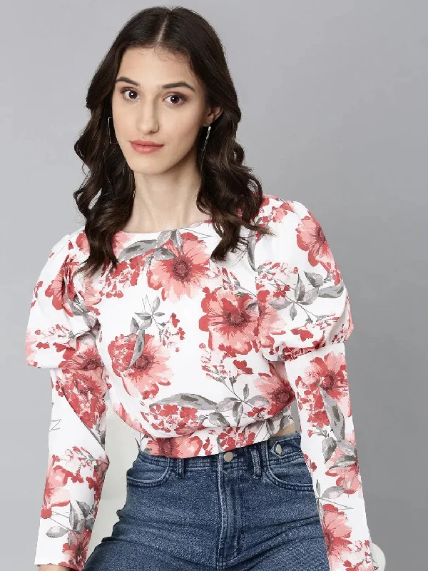 Women White Floral Blouson Crop Top-AE-10755-White Zippered Front Buttoned Front Snap Front