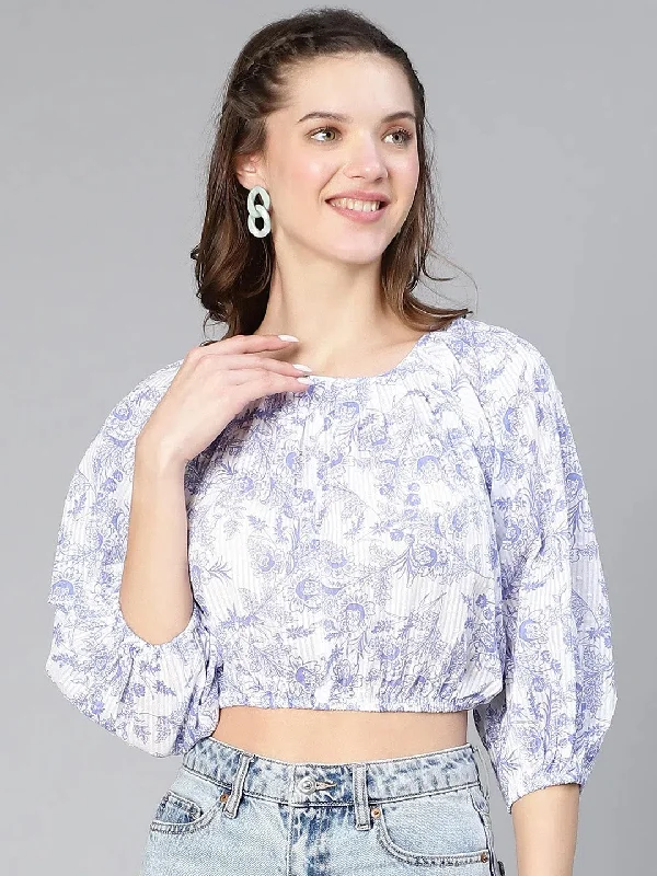 Women Blue Tropical Print Elastiacted Cotton Crop Top-S23081WBL002 Welt Pockets Slit Pockets Flap Pockets