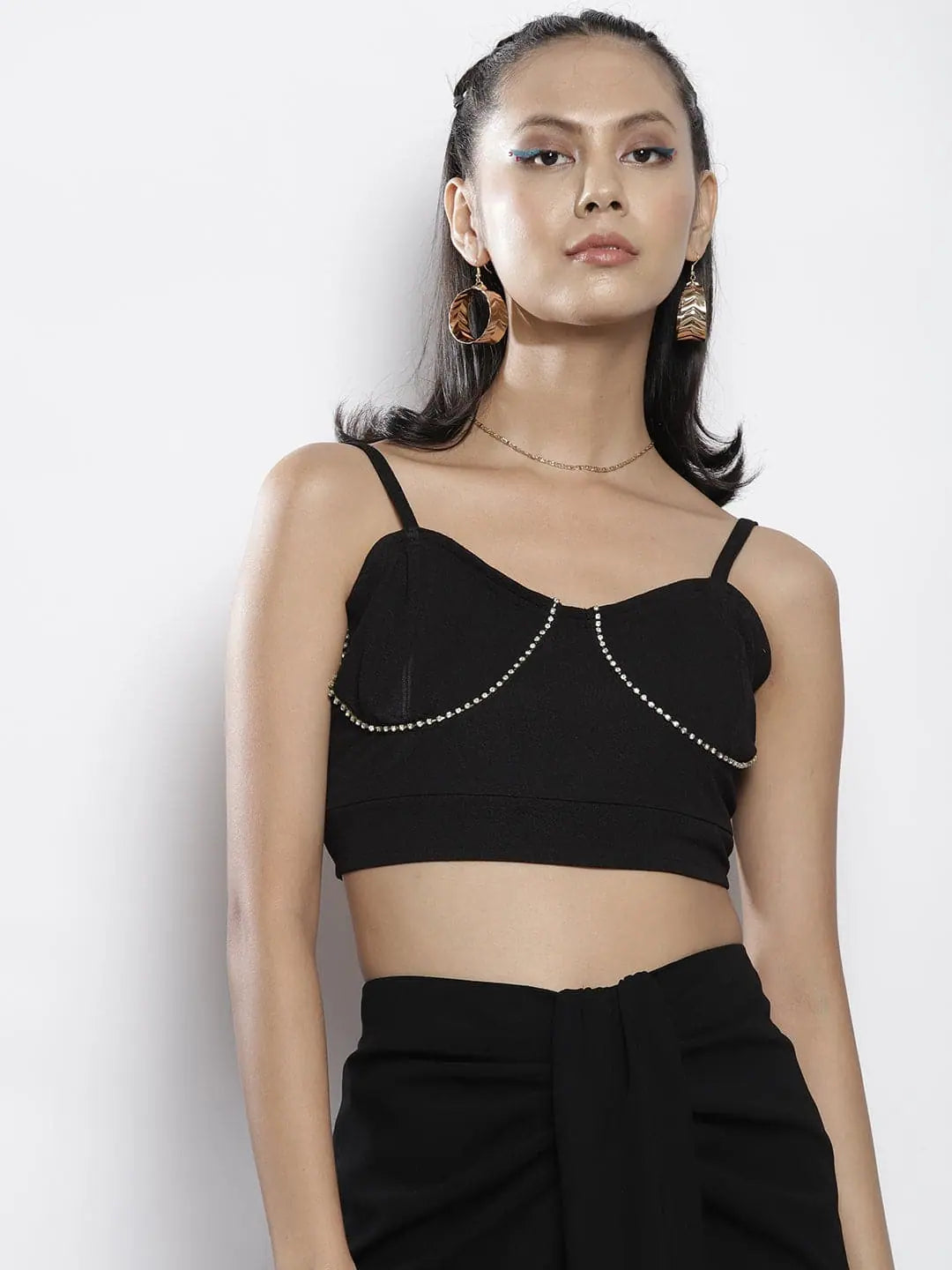 Women Black Bustier Crop Top Front Pockets Side Pockets Patch Pockets