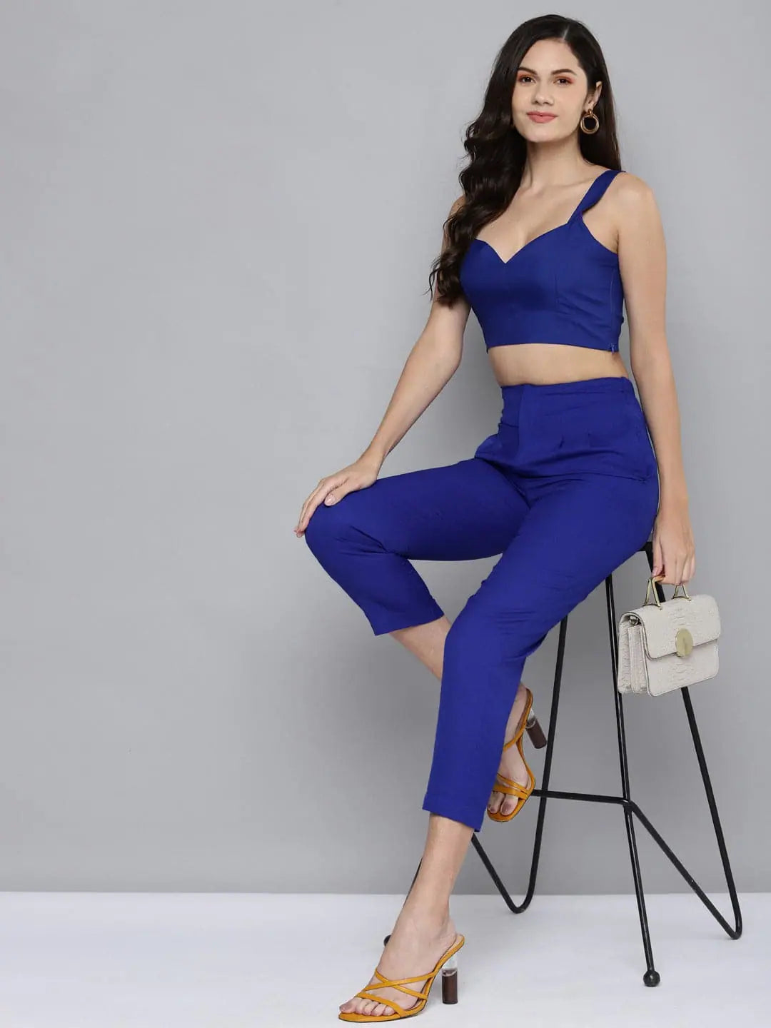 Women Royal Blue Sweetheart Neck Strappy Crop Top Wool Fabric Cashmere Fabric Tweed Fabric