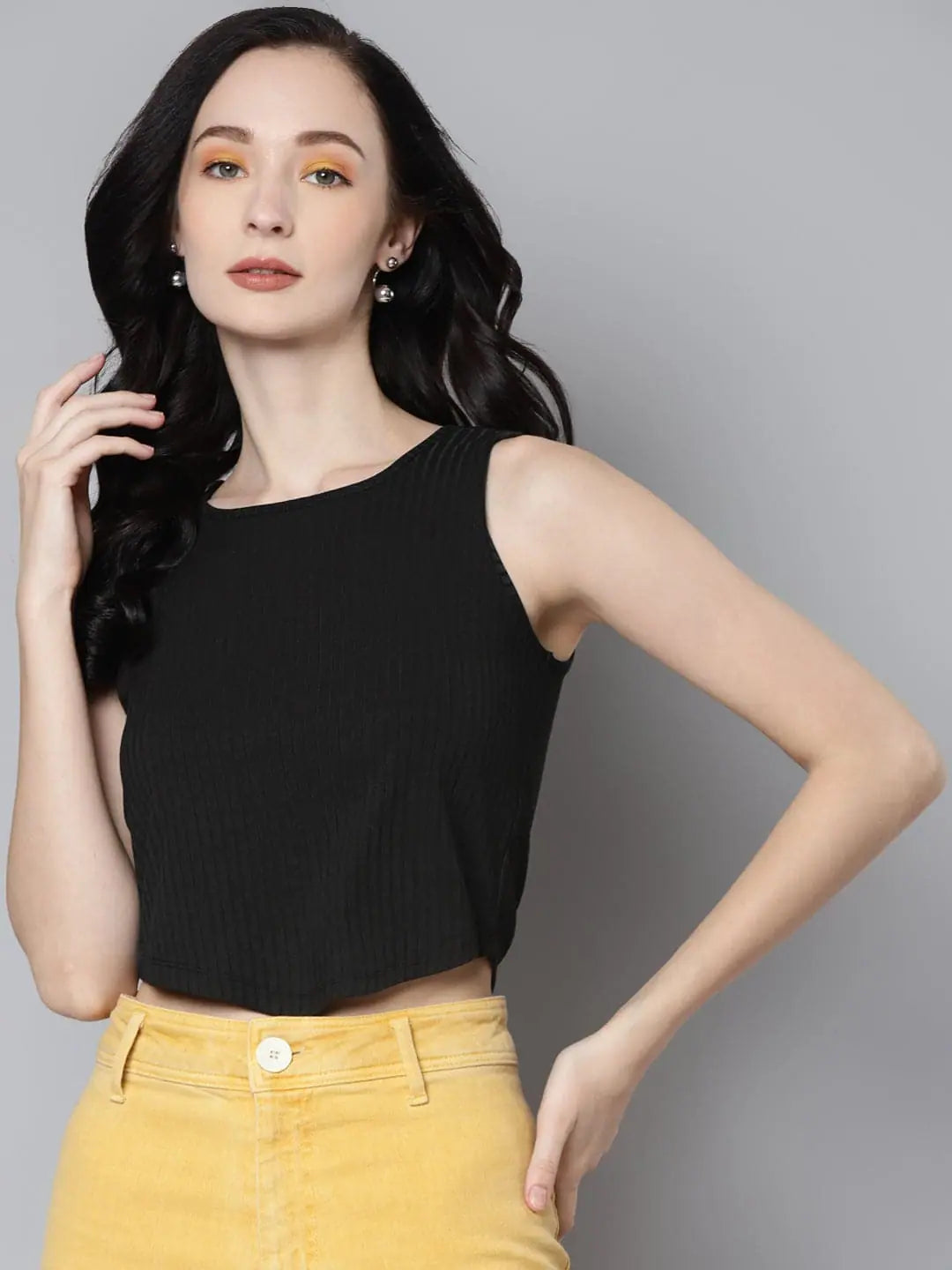 Women Charcoal Rib V-Hem Crop Top Cozy Warm Stylish