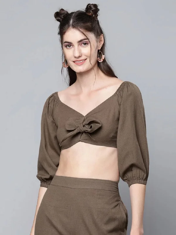 Brown Cotton Linen Tie-Up Crop Top Modern Contemporary Chic