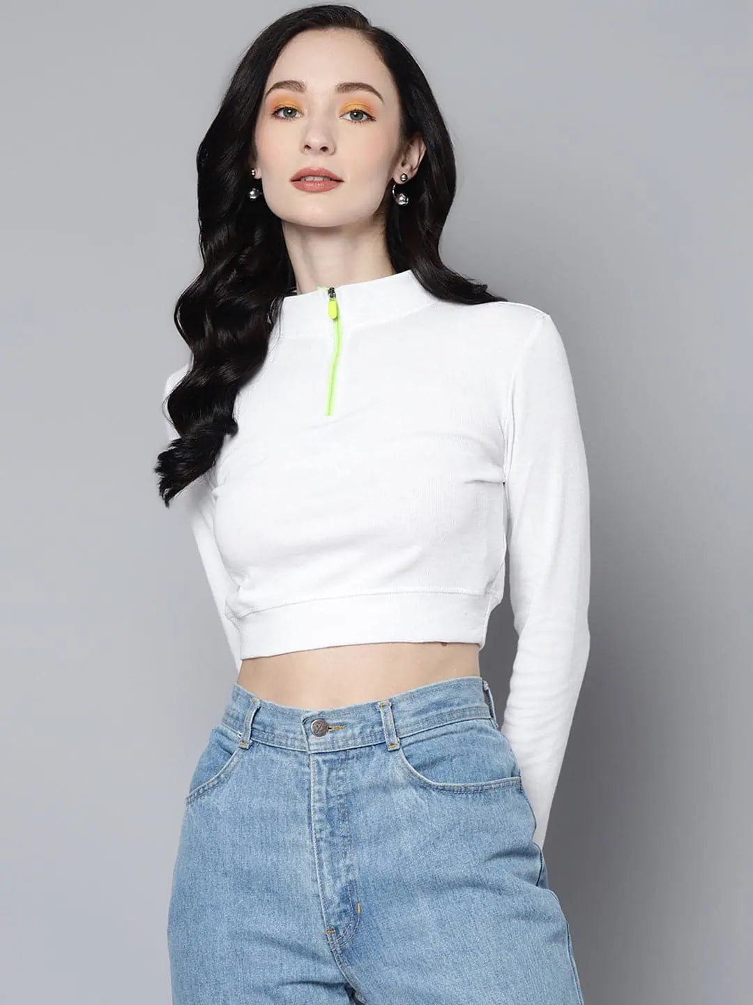 Women White Rib High Neck ACTIVE Crop Top Hooded Caped Shawl Collar