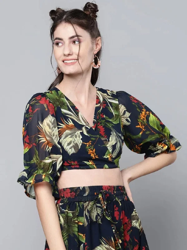 Navy Floral Wrap Crop Top Boxy Fit Fitted Loose