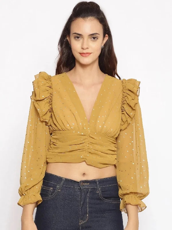 Mustard Party Foil Print Crop Top Mesh Blend Leather Blend Suede Blend