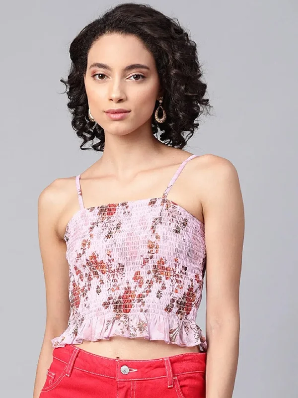 Pink Floral Smocked Strappy Crop Top Cashmere Blend Cotton Blend Poly Blend