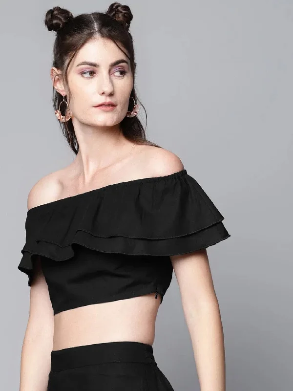 Black Poplin Bardot Crop Top Anti-Shrink Durable Soft