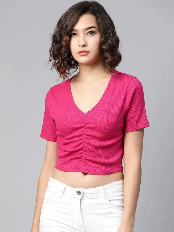 Fuchsia Gather Detail Crop Top Front Pockets Side Pockets Patch Pockets