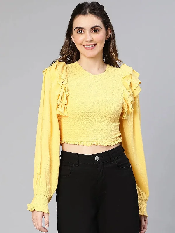 Women Solid yellow ruffled & smocked Polyester crop top Notch Collar Peter Pan Collar Cowl Neck