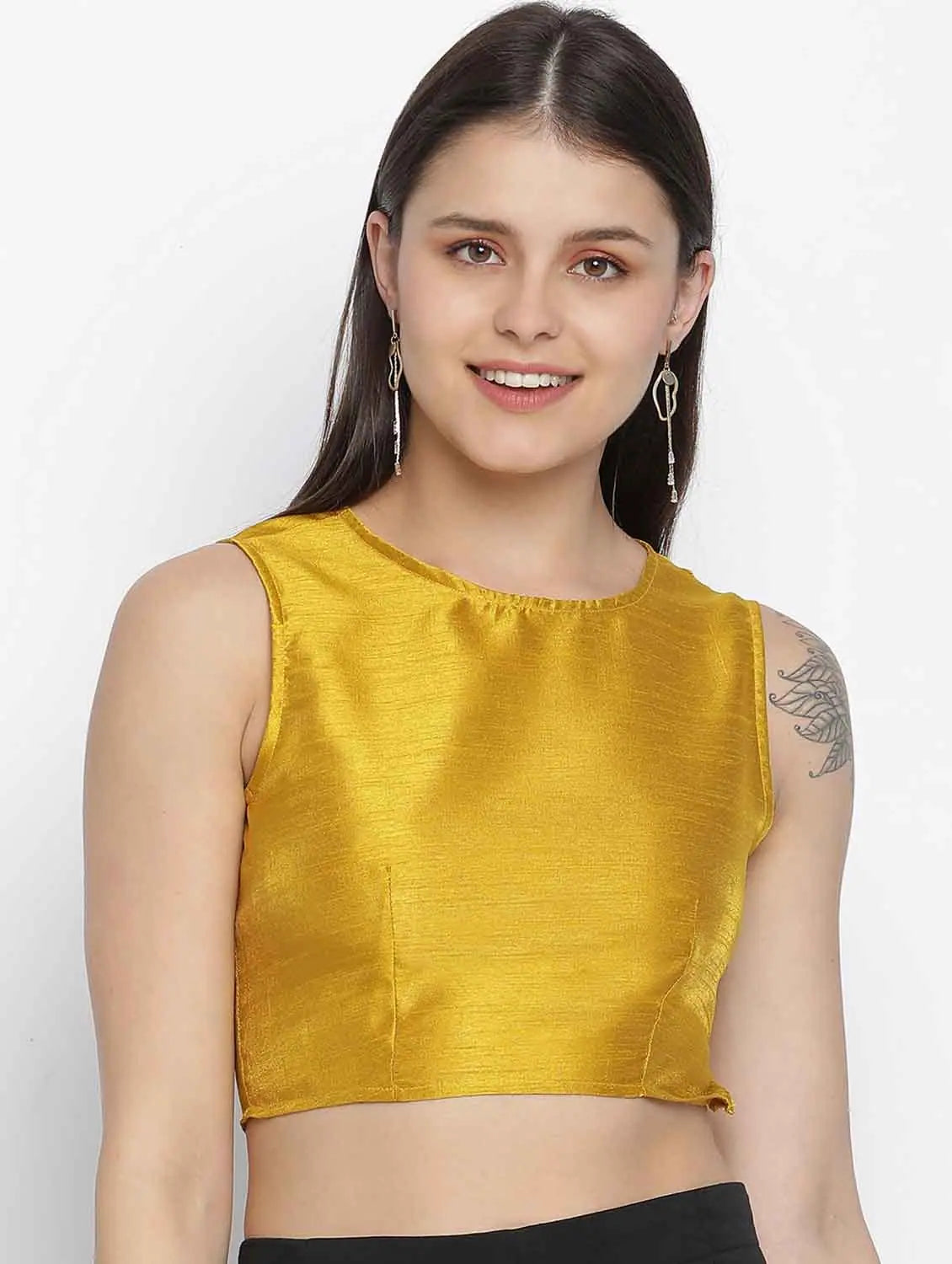 Shinner Mustard Dupion Silk Women Crop Top Asymmetrical Pockets Print