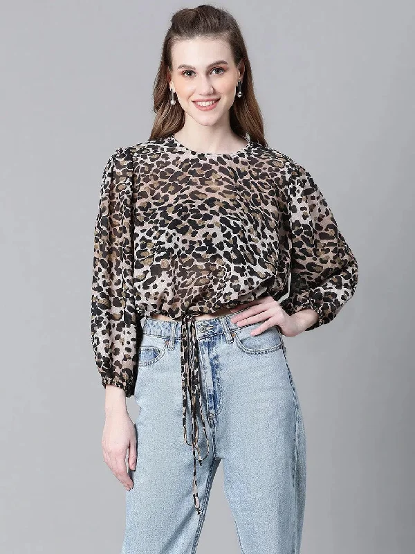 Women Brown Animal Print Round Neck Long Sleeve Elasticated Tie-Up Crop Top-W23246WBL001 Faux Fur Fabric Real Fur Fabric Shearling Fabric