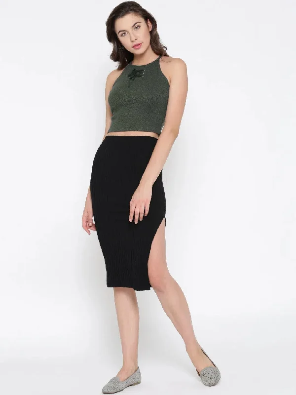 Melange Green Faux Lace-Up Crop Top Silk Blend Satin Velvet