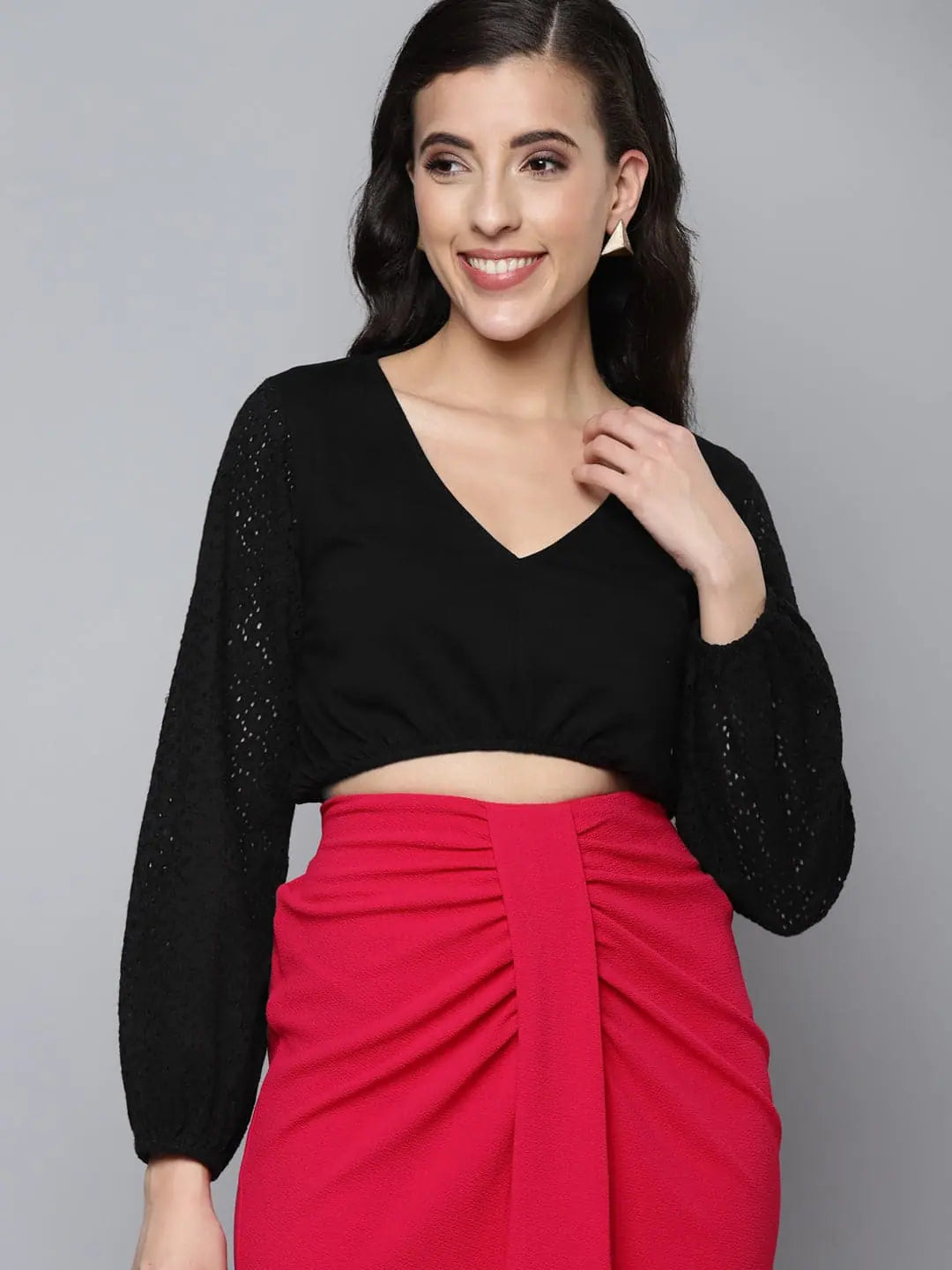 Women Black Schiffli V-Neck Crop Top Zippered Front Buttoned Front Snap Front