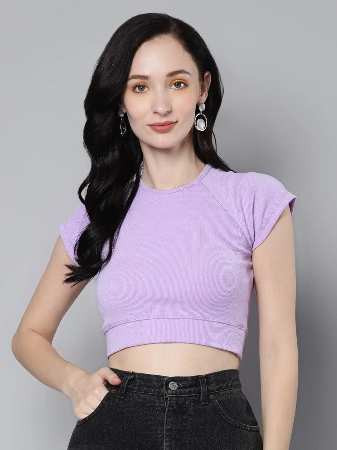 Women Lavender Rib Cap Sleeves ACTIVE Crop Top Machine Wash Dry Clean Hand Wash