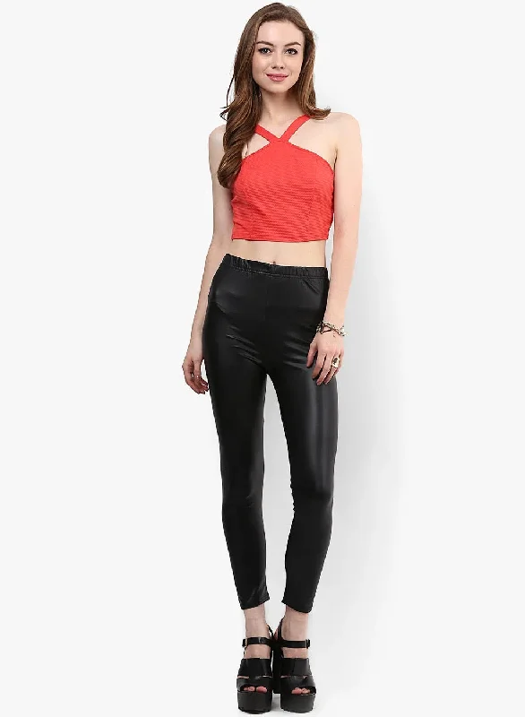 Coral Textured Crop Top Polka Dot Checkered Tartan