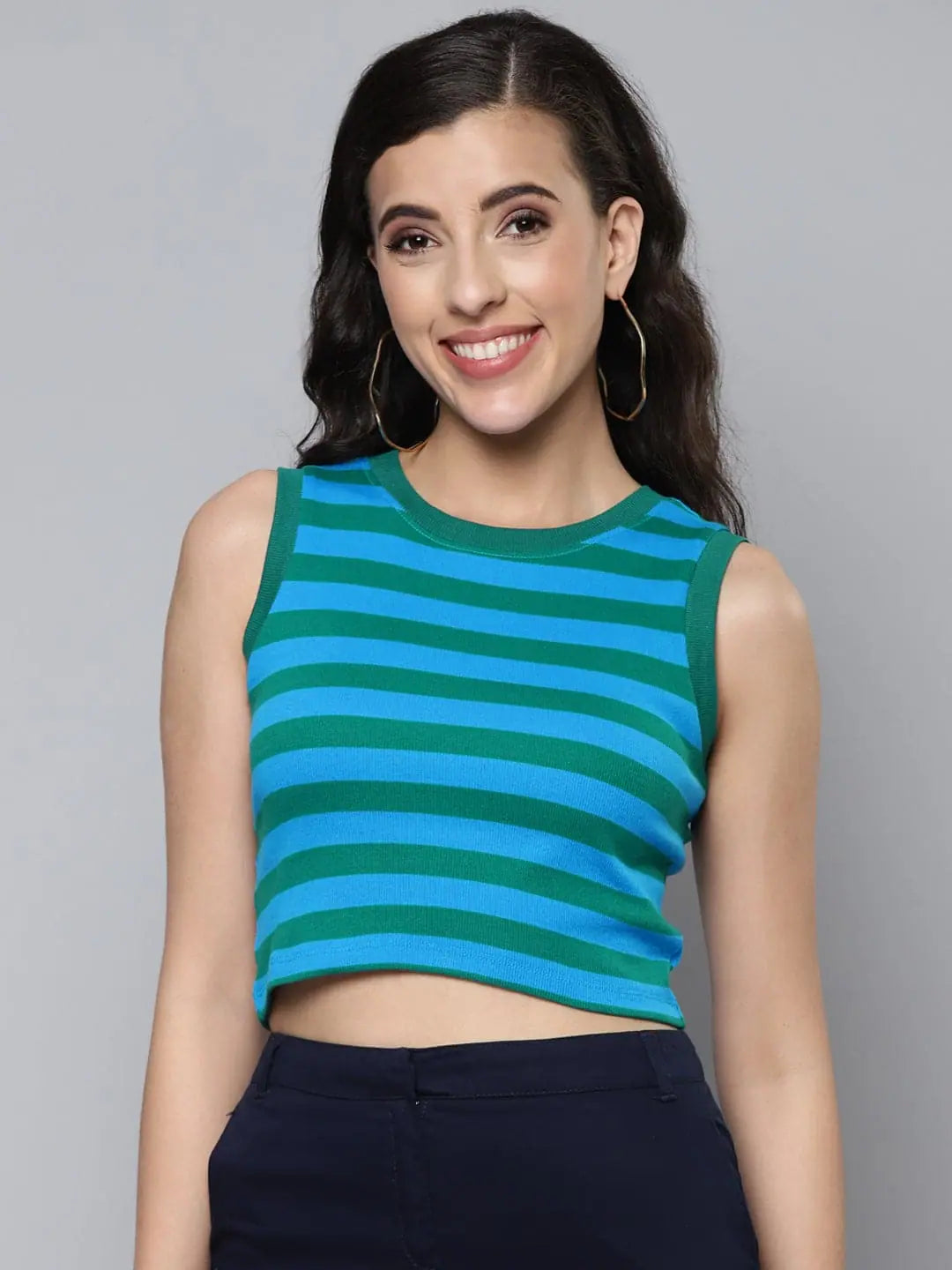 Women Green & Blue Rib Sleeveless Crop Top Mesh Fabric Canvas Fabric Denim Fabric