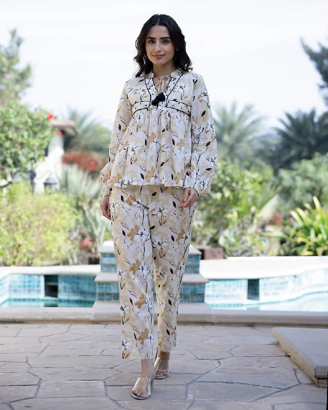 Printed Pure Cotton Mandarin Collar Neck Top & Trouser Co-Ords Trousers Summer Linen