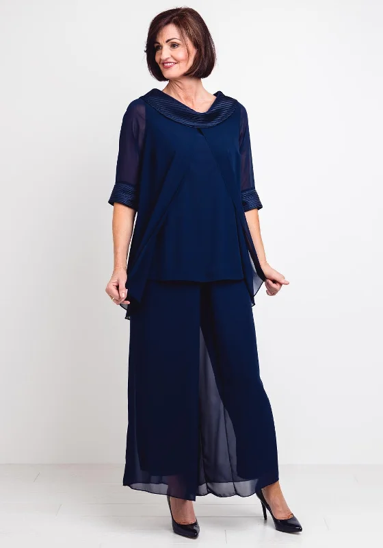 Lizabella Chiffon Top & Trousers Outfit, Navy Trousers Recommended Stylist