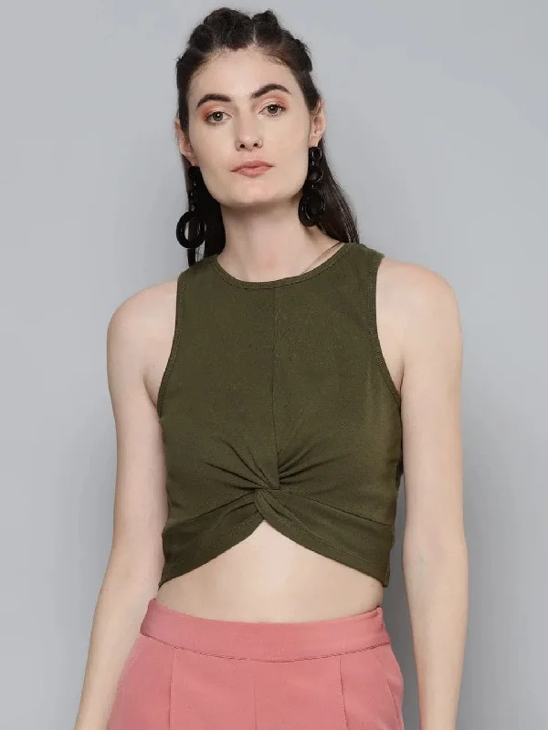 Olive Front Knot Crop Top Anti-Shrink Durable Soft