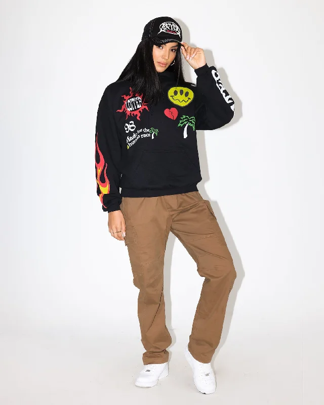 Loiter Euphoric Multi Logo Hoodie Black Wash Hoodie with Belted Waist Structured Tailored