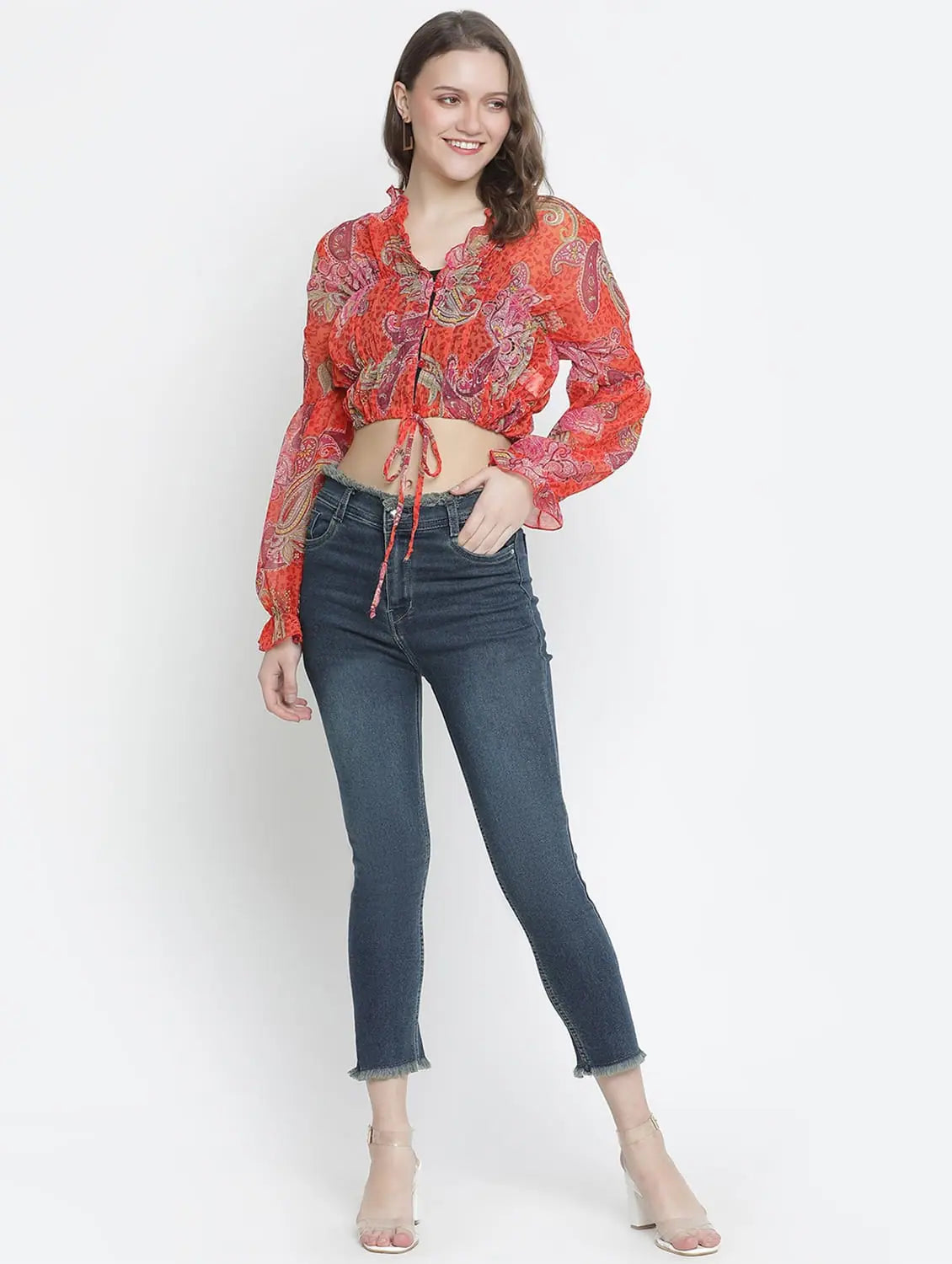 Luminious Orange Printed Women Crop Top Zippered Buttoned Snapped