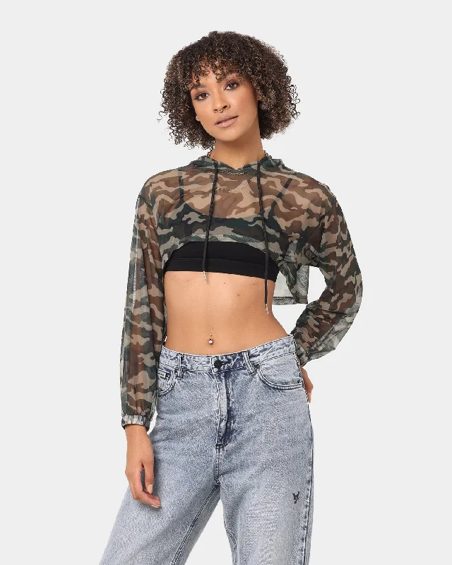 XXIII Women's Tiana Crop Mesh Hoodie Camo Hoodie with Hem Detail Decorative Unique