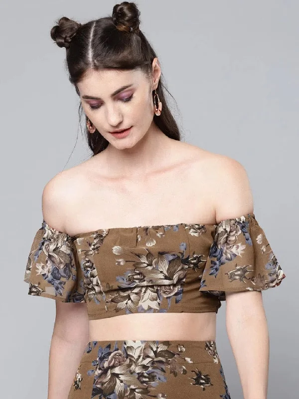 Brown Floral Bardot Crop Top Print Jacquard Patchwork