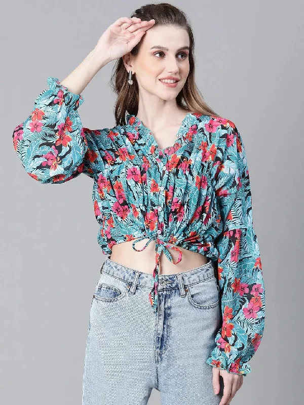 Women Multicolor Floral Print Round Neck Long Sleeve Elasticated Tie-Up Crop Top-W23247WBL003 Nylon Fabric Polyester Fabric Spandex Fabric