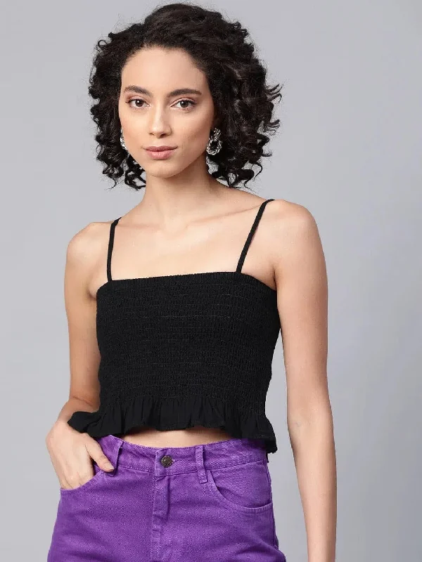 Black Denim Smocked Strappy Crop Top Collared Crew Neck Turtle Neck