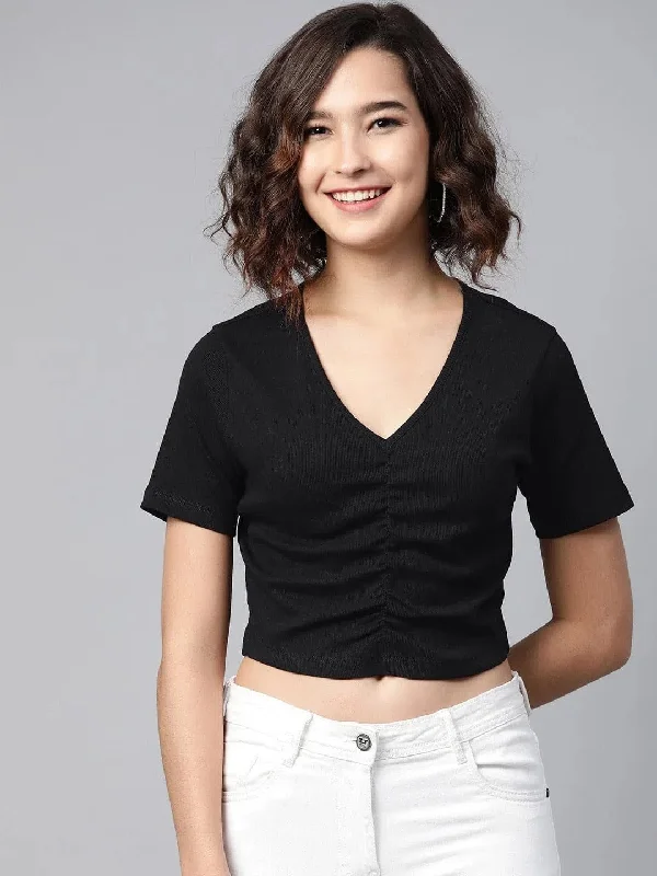 Black Gather Detail Crop Top Ribbed Crop Top High Neck Heavyweight