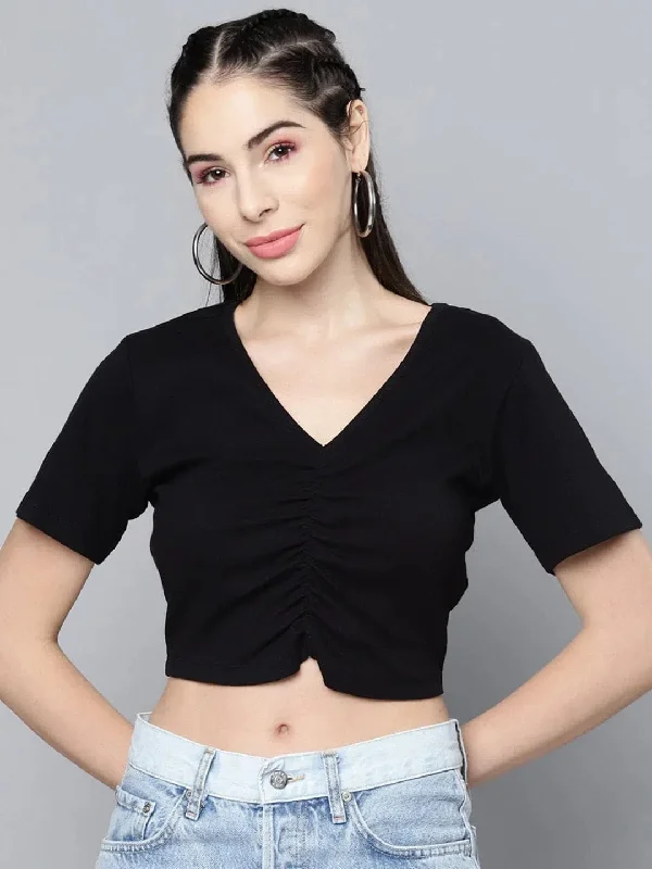 Black Ruched Front Rib Crop Top Machine Wash Dry Clean Hand Wash