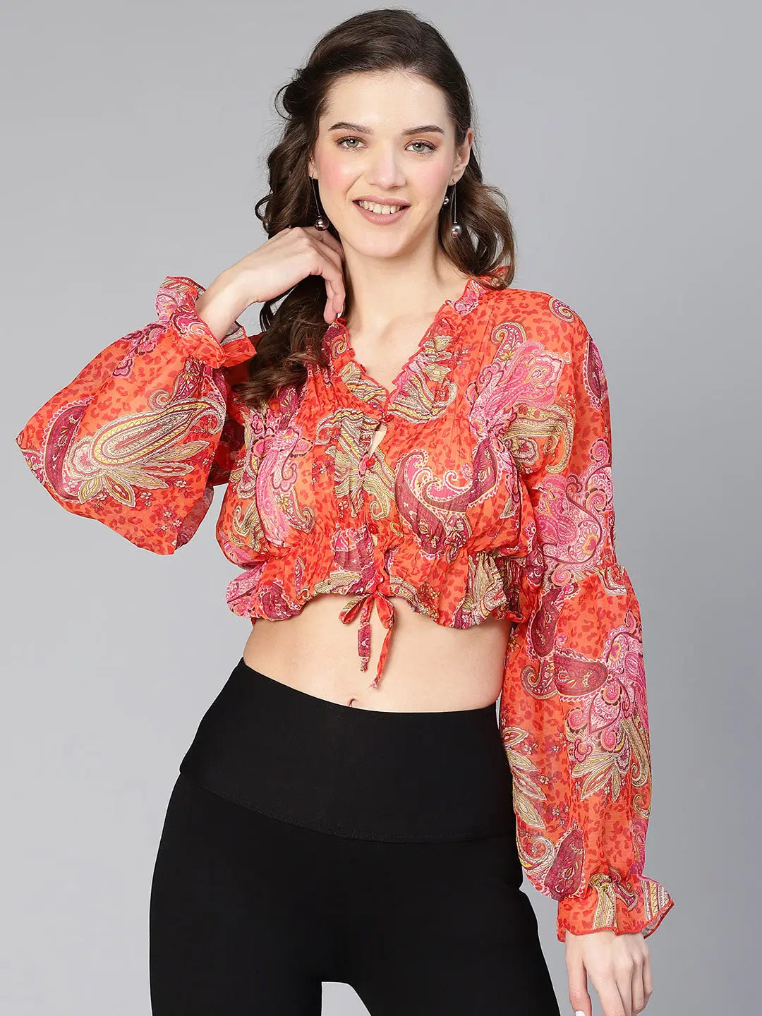 Smashing Orange Tropical Print Tie-Knotted Women Crop Top Collared Crew Neck Turtle Neck