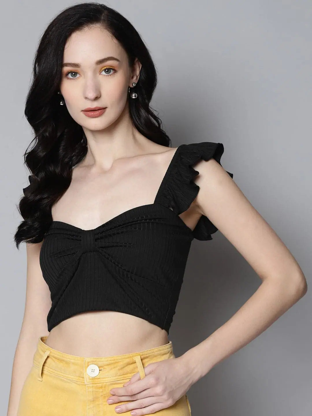 Women Charcoal Rib Sweetheart Neck Crop Top Spandex Blend Rayon Blend Denim Blend